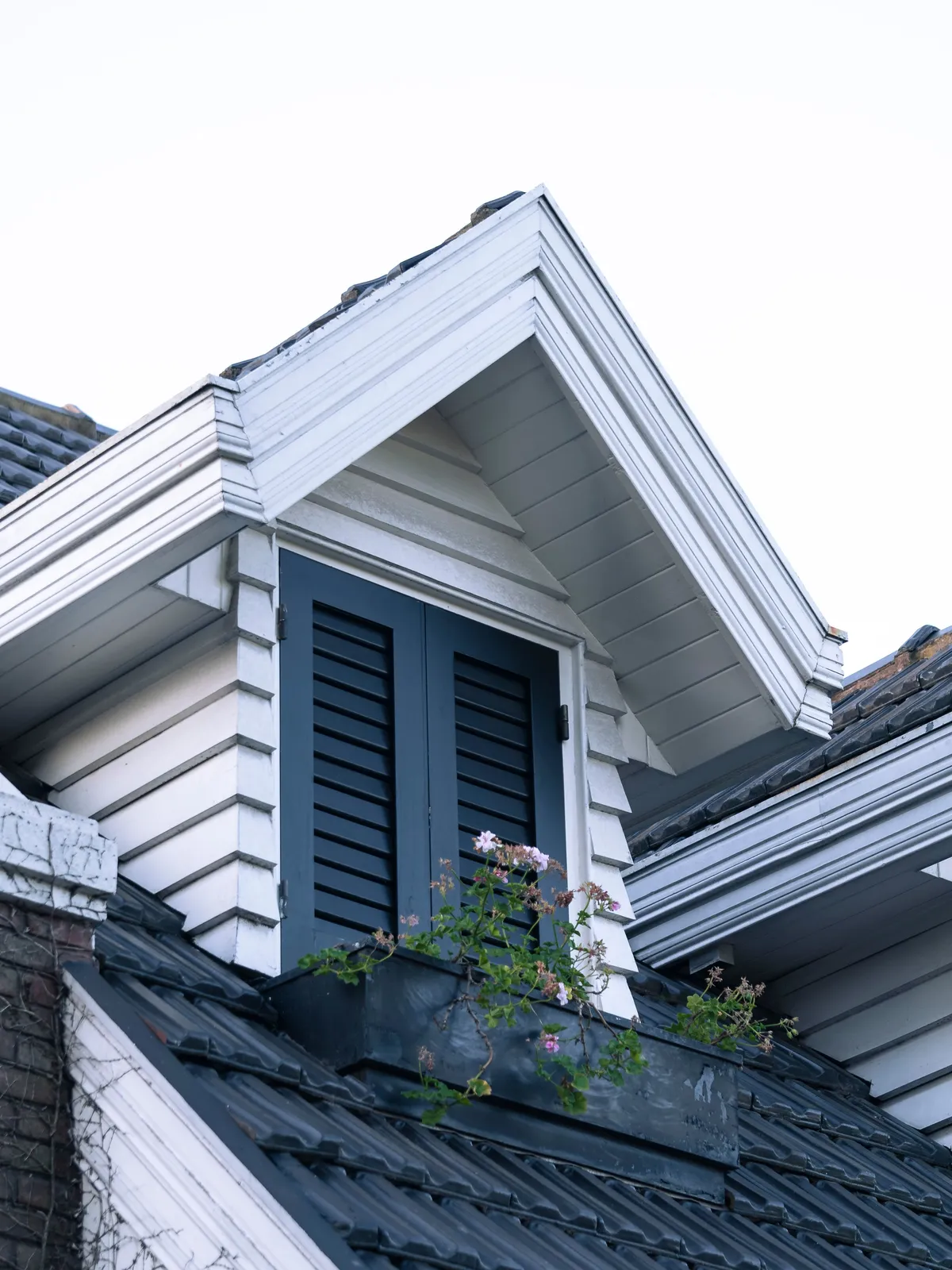 Architectural inspiration: close view of white gable trim and a dormer with dark shutters and flowers